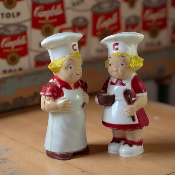 Vintage Campbells Soup Chef Plastic Salt & Pepper Shakers 4.25" Red & White With - Picture 6 of 9
